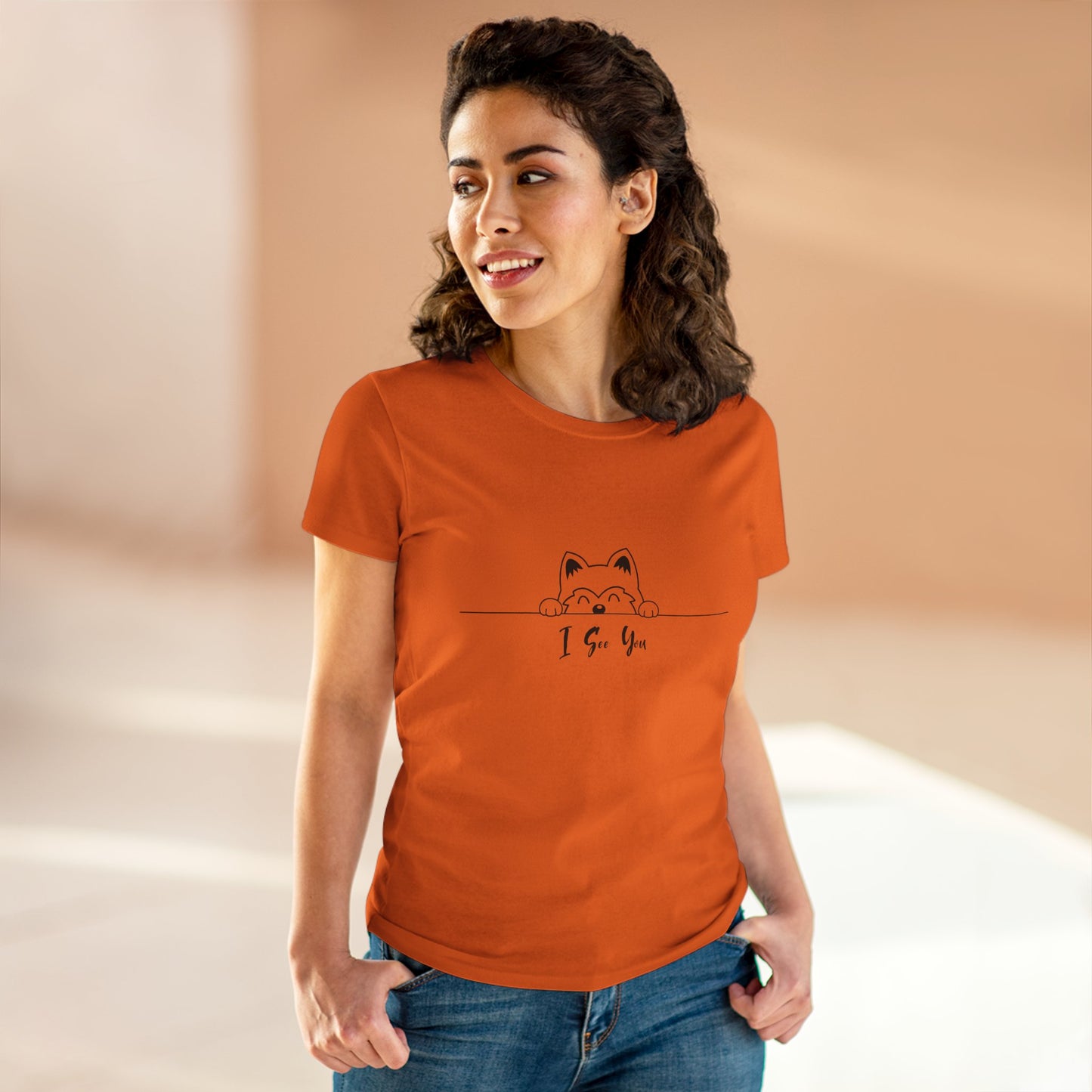 Orange I See You Shirt from Printify with cute cat peeking design worn by smiling woman