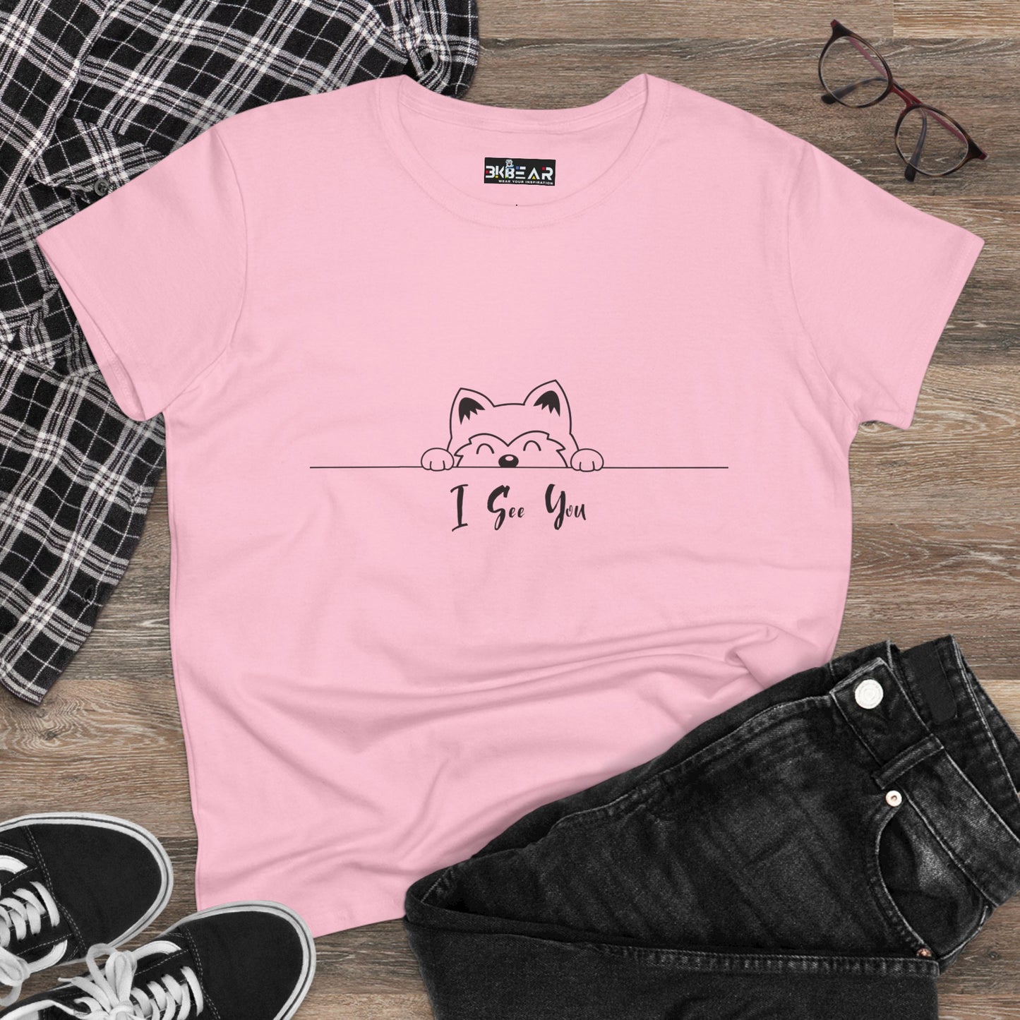 Pink I See You Shirt with cute cat peeking design printed by Printify