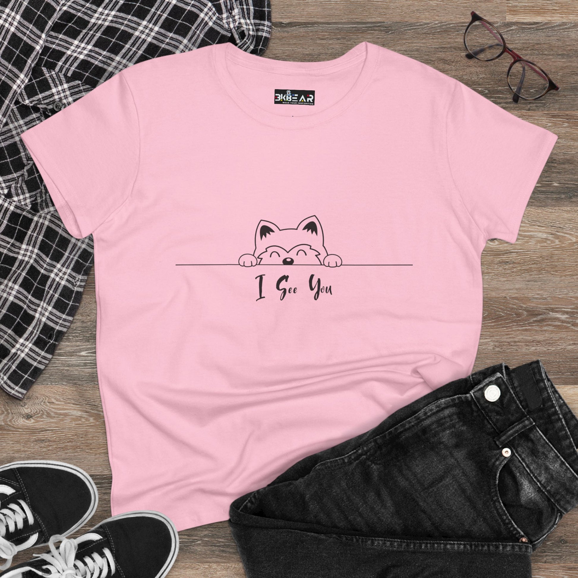 Pink I See You Shirt with cute cat peeking design printed by Printify