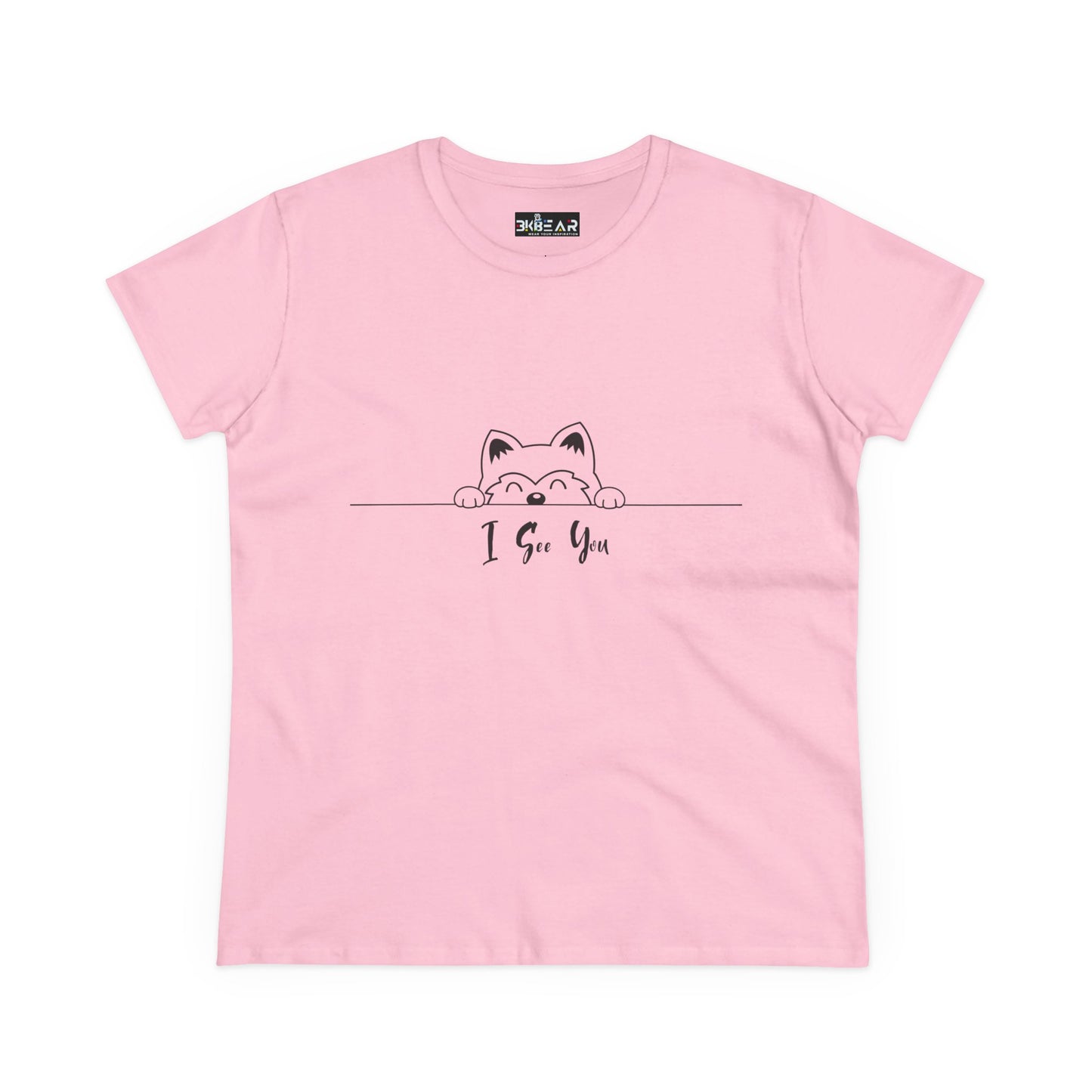 Pink Printify T-Shirt with cute cat illustration and I See You Shirt text design