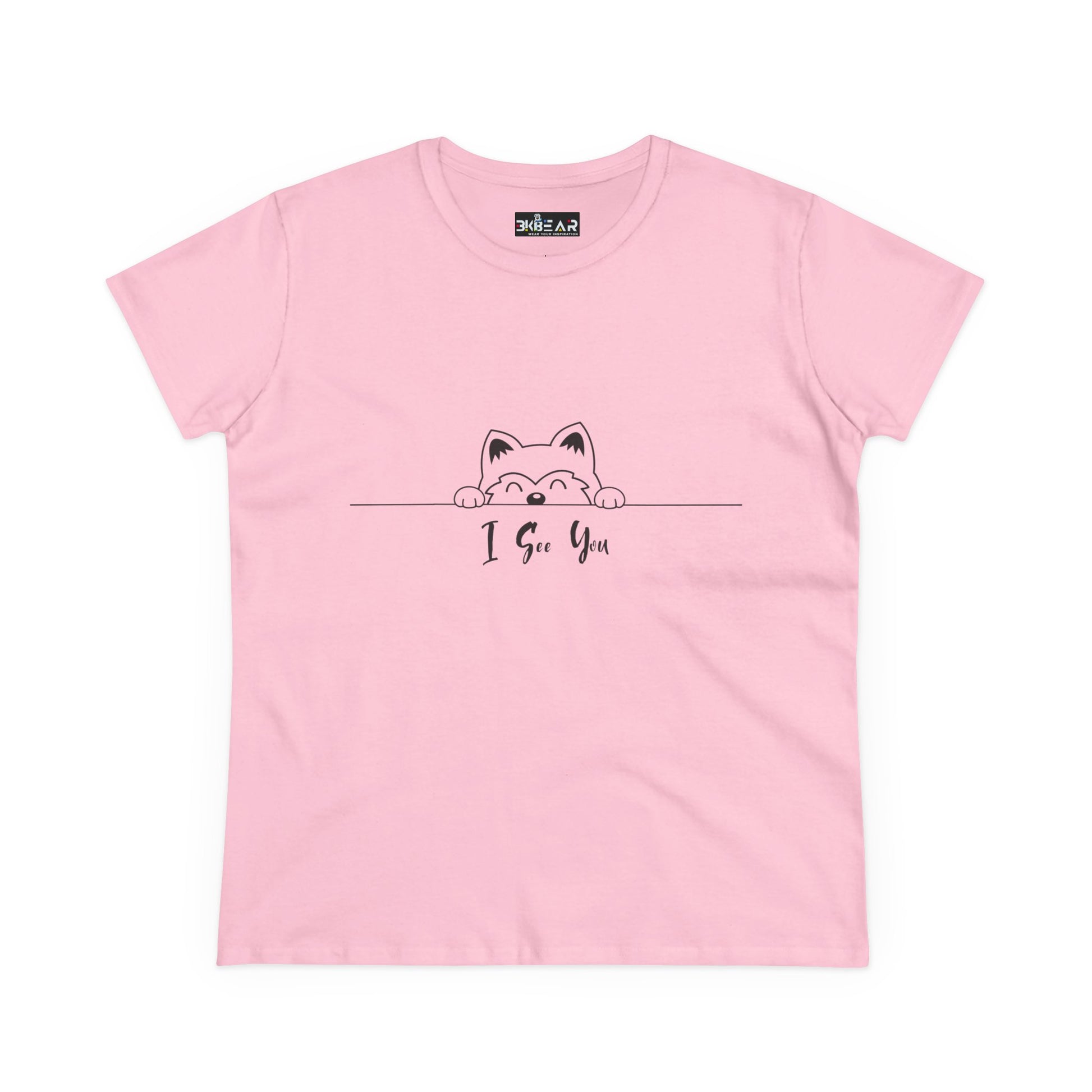 Pink Printify T-Shirt with cute cat illustration and I See You Shirt text design