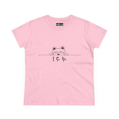 Pink Printify T-Shirt with cute cat illustration and I See You Shirt text design