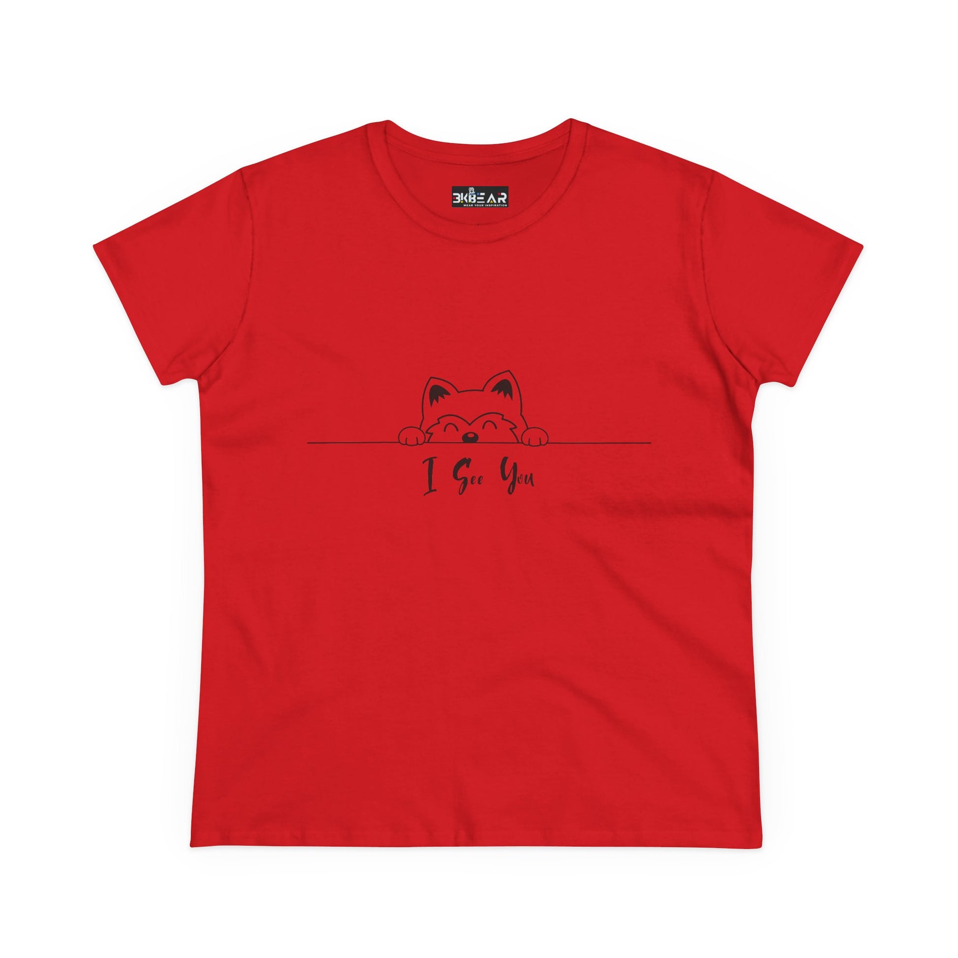 Red I See You Shirt by Printify with cute cat peeking graphic on front