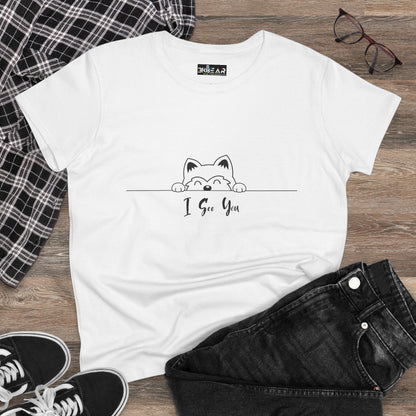 White I See You Shirt with cute cat graphic printed by Printify, styled with black jeans and sneakers