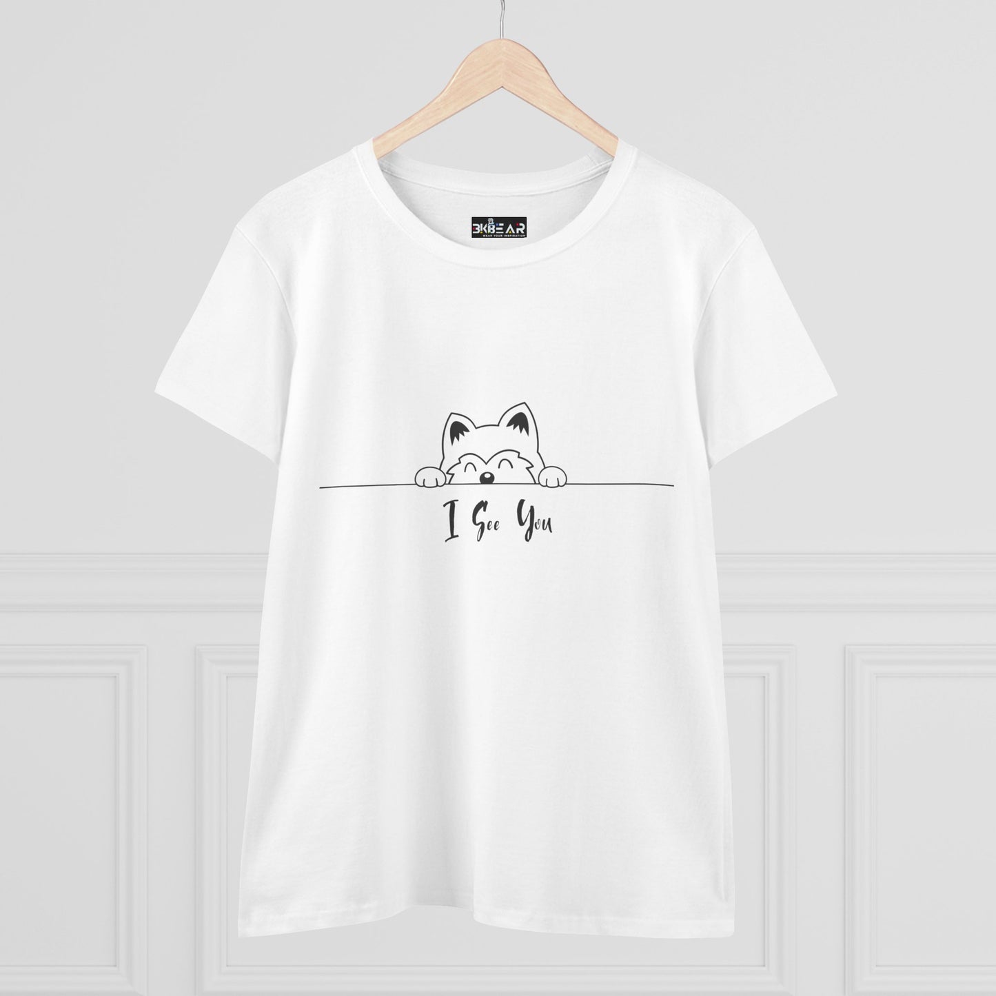 White Printify I See You Shirt featuring a cute peeking cat graphic on front