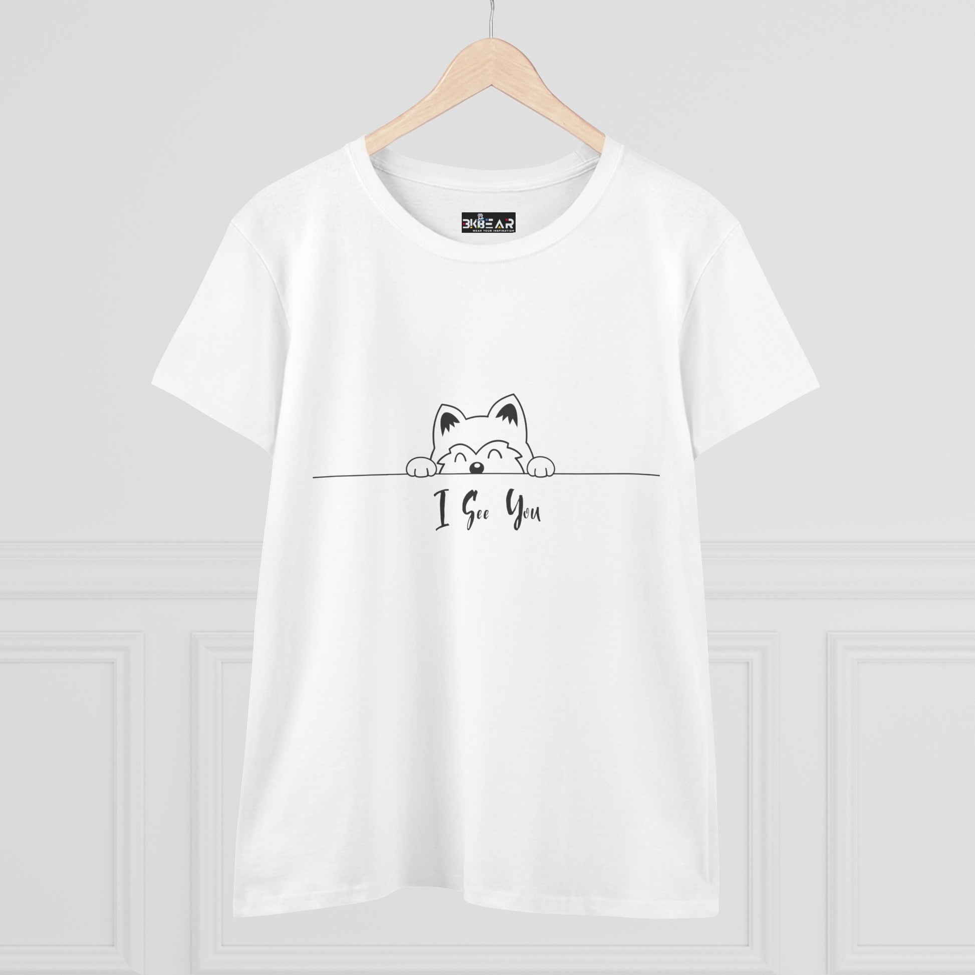 White Printify I See You Shirt featuring a cute peeking cat graphic on front