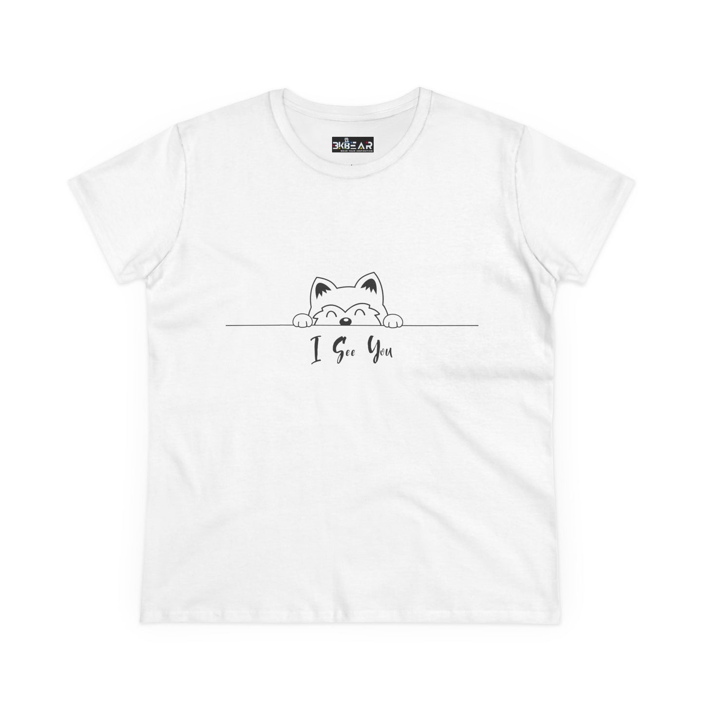 White Printify T-shirt with cute cat peeking design and I See You Shirt text