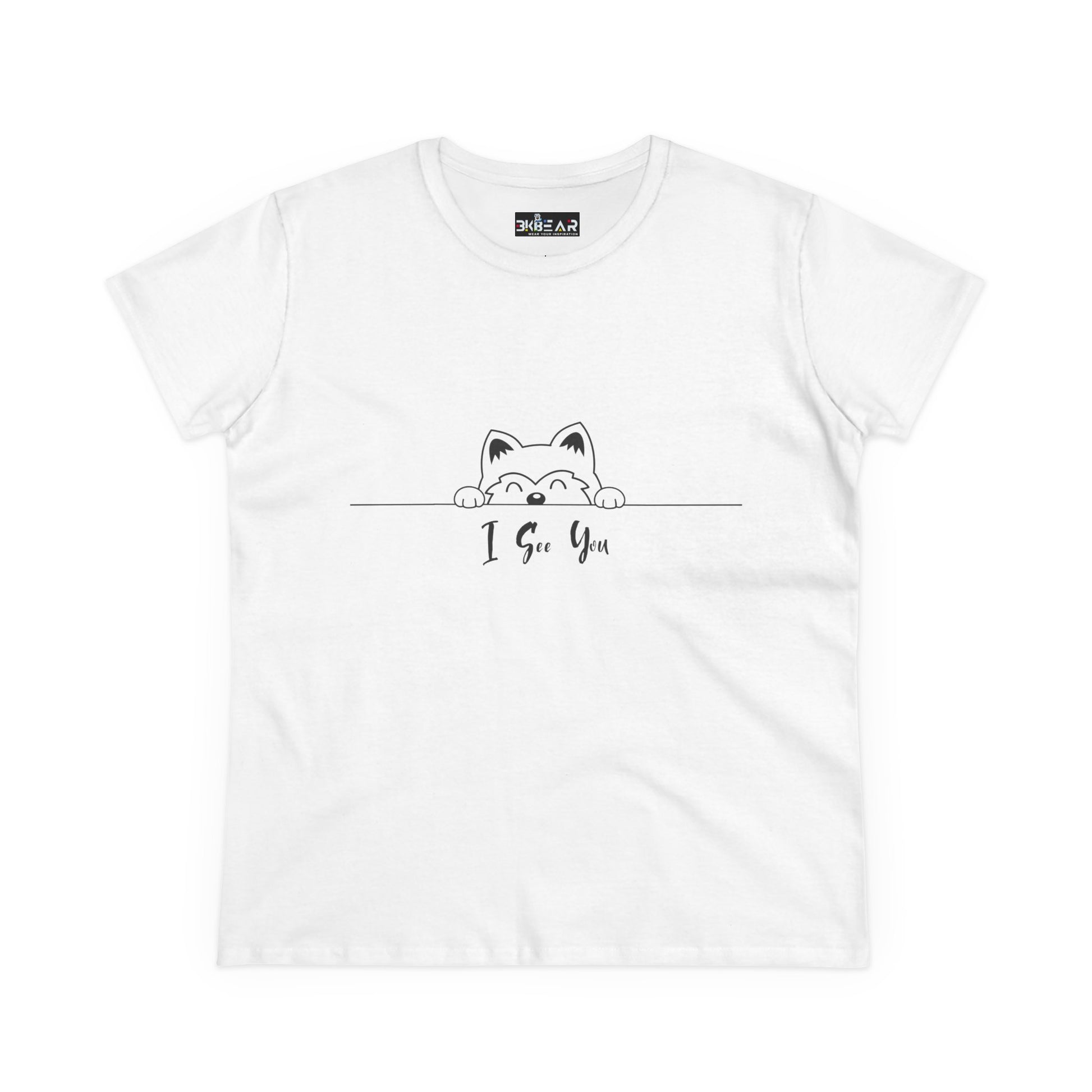 White Printify T-shirt with cute cat peeking design and I See You Shirt text