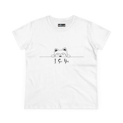 White Printify T-shirt with cute cat peeking design and I See You Shirt text
