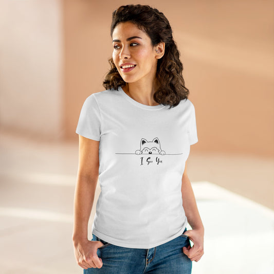 Woman wearing a white I See You Shirt with a cute cat peeking design by Printify
