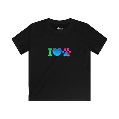 Black kids shirt featuring colorful i heart paws kids shirt design with bone heart and paw print