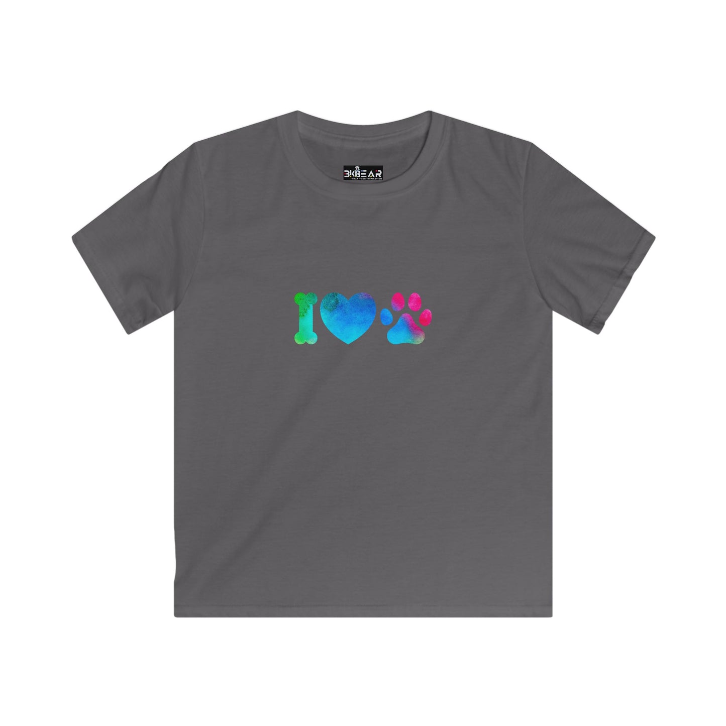 Gray kids shirt from Printify with colorful I heart paws kids shirt graphic featuring a bone heart and paw print