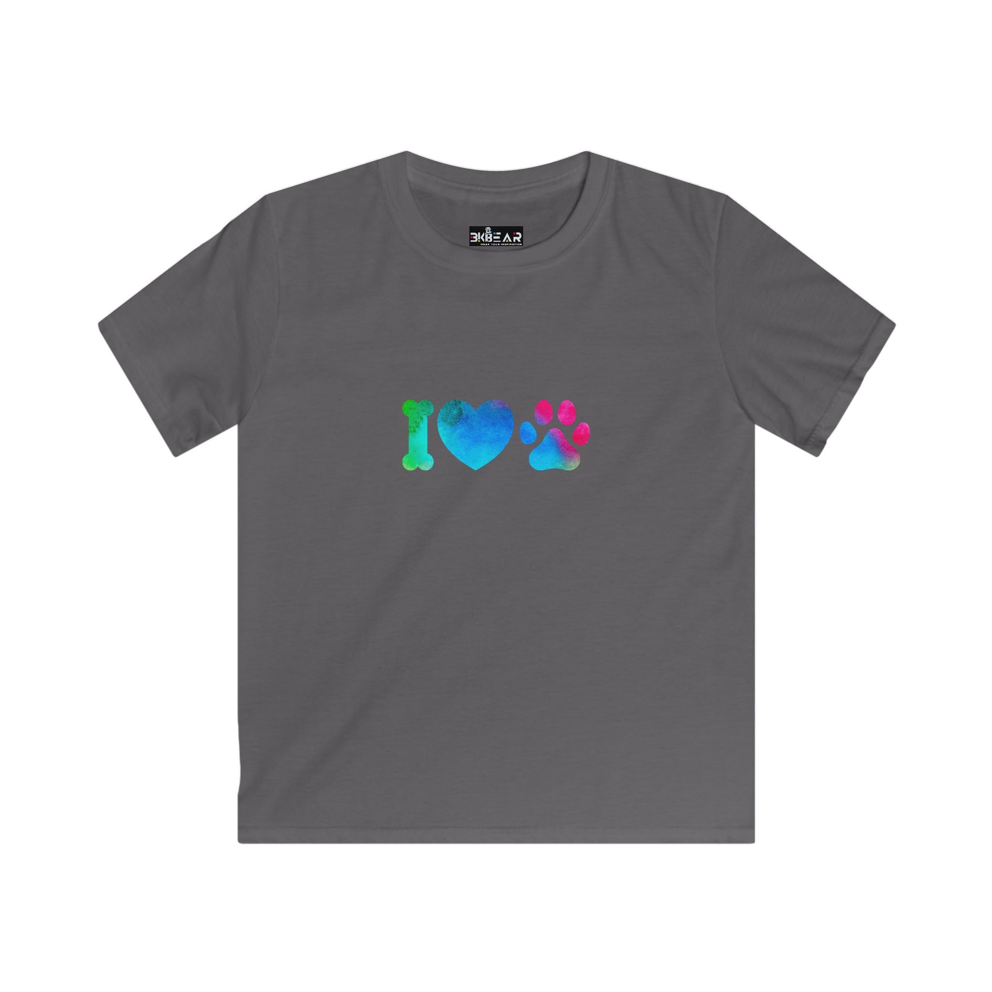 Gray kids shirt from Printify with colorful I heart paws kids shirt graphic featuring a bone heart and paw print