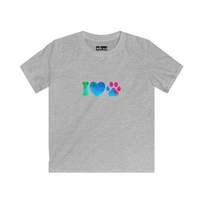Gray kids t-shirt with colorful i heart paws kids shirt design featuring a bone, heart, and paw print