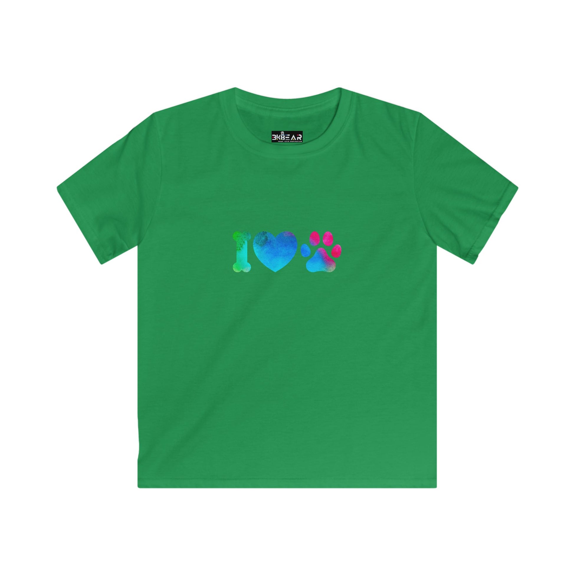 Green kids shirt from Printify with colorful i heart paws kids shirt design featuring bone heart and paw print