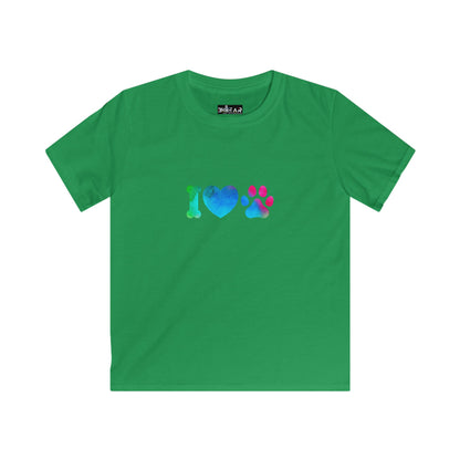 Green kids shirt from Printify with colorful i heart paws kids shirt design featuring bone heart and paw print