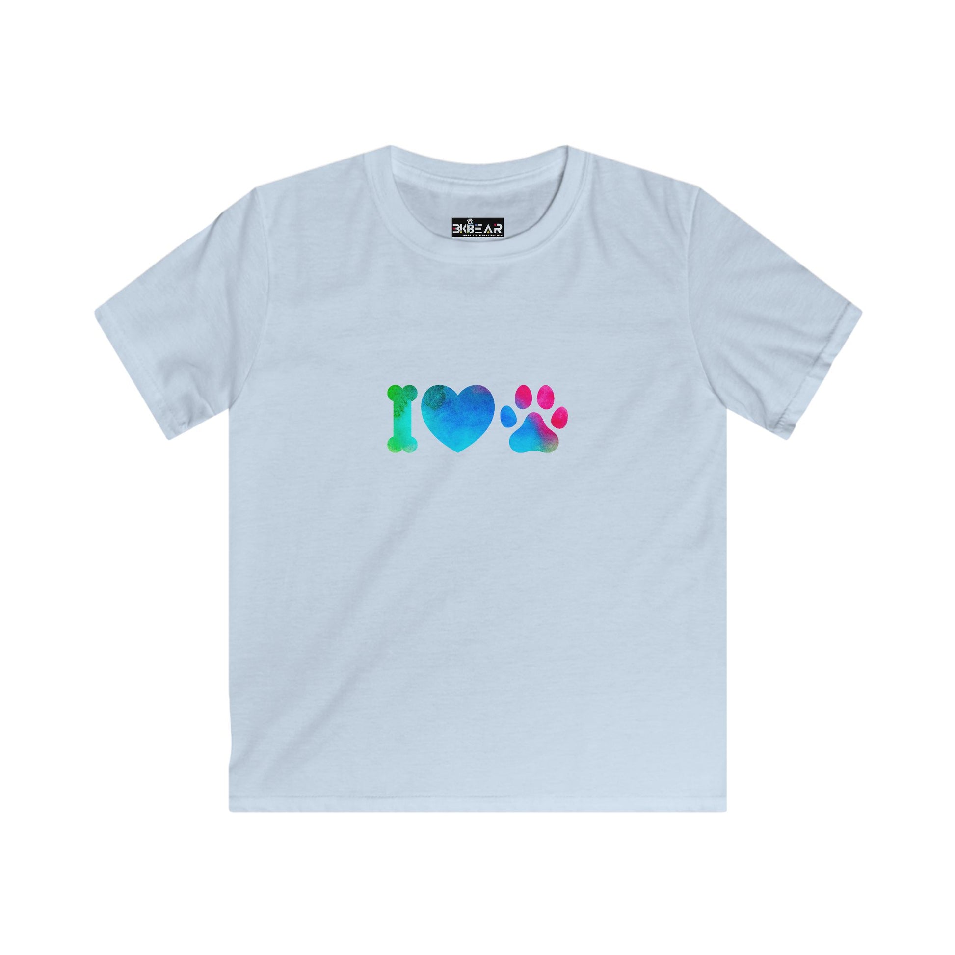 Light blue kids shirt with colorful i heart paws kids shirt design featuring a bone heart and paw print