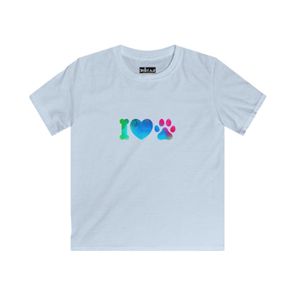 Light blue kids shirt with colorful i heart paws kids shirt design featuring a bone heart and paw print