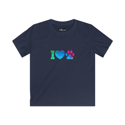 Navy Printify kids shirt with colorful I heart paws kids shirt design featuring bone heart and paw print