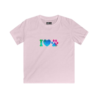Pink Printify kids shirt with colorful I heart paws kids shirt design featuring bone heart and paw print