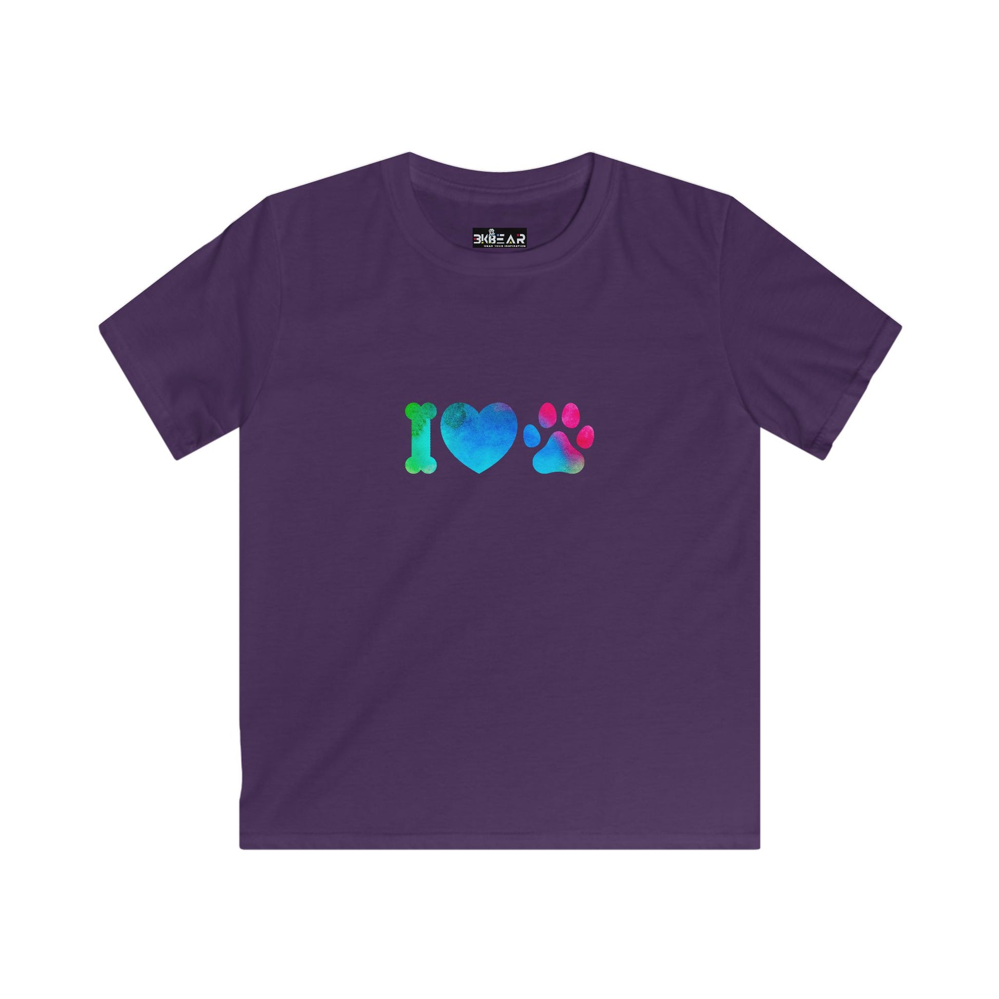 Purple kids shirt with colorful I heart paws kids shirt design featuring a bone heart and paw print