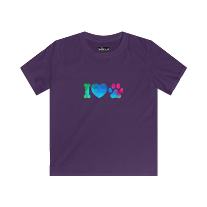 Purple kids shirt with colorful I heart paws kids shirt design featuring a bone heart and paw print