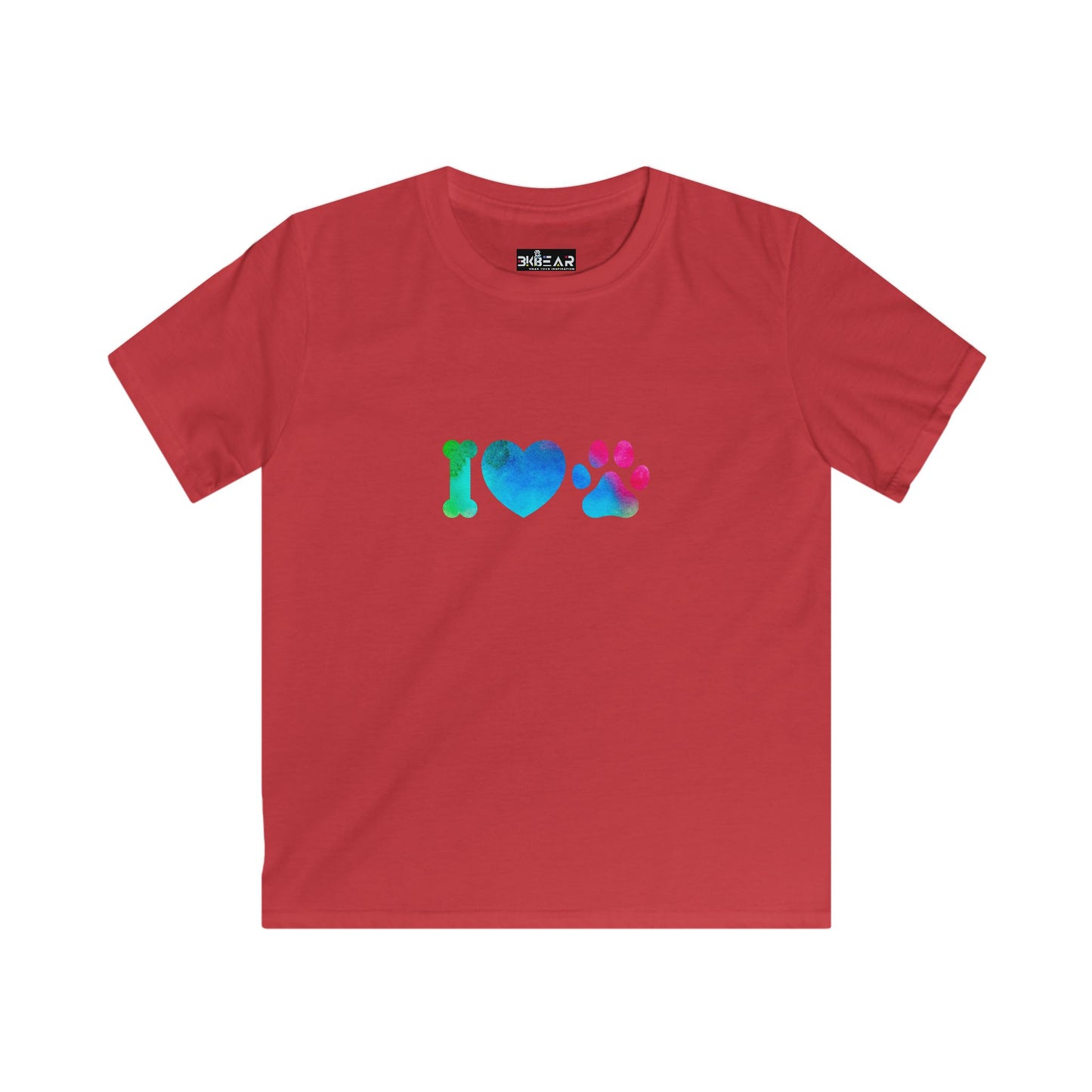 Red kids shirt with colorful I heart paws kids shirt design featuring bone heart and paw print