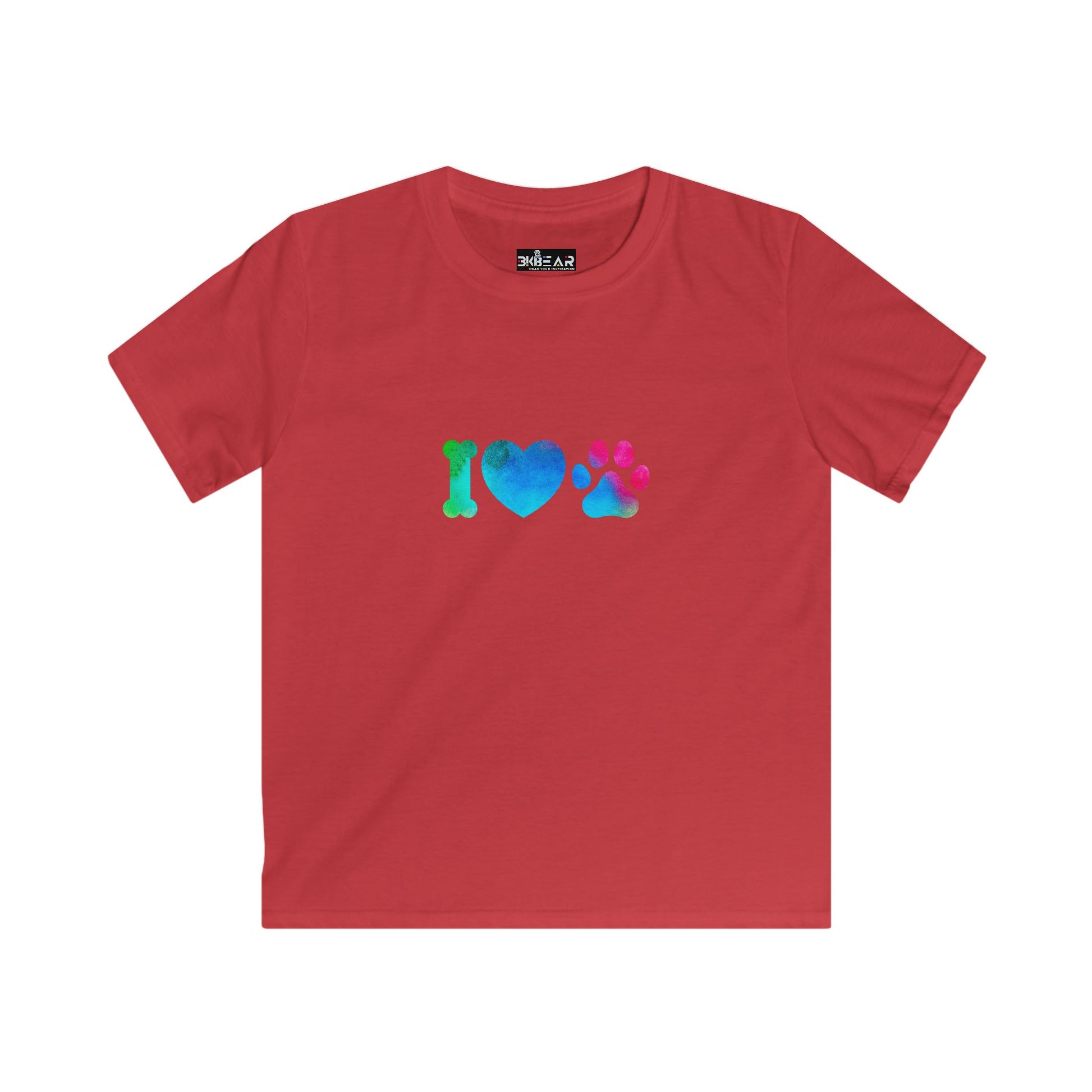 Red kids shirt with colorful I heart paws kids shirt design featuring bone heart and paw print