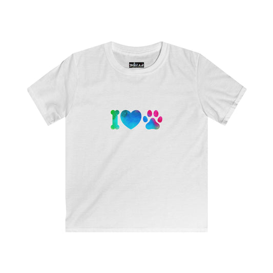 White kids t-shirt with colorful I heart paws kids shirt design featuring bone, heart, and paw print