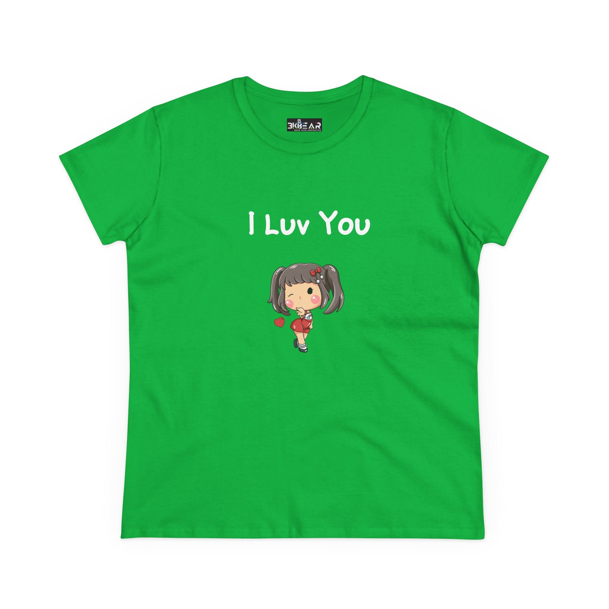 Green I luv you t-shirt with cute cartoon girl holding a heart printed on the front