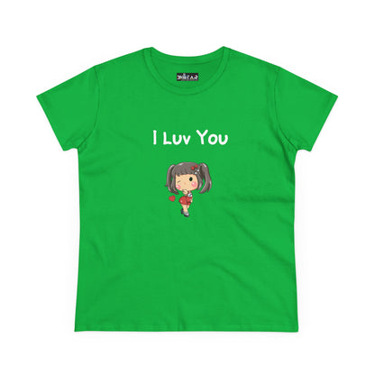Green I luv you t-shirt with cute cartoon girl holding a heart printed on the front