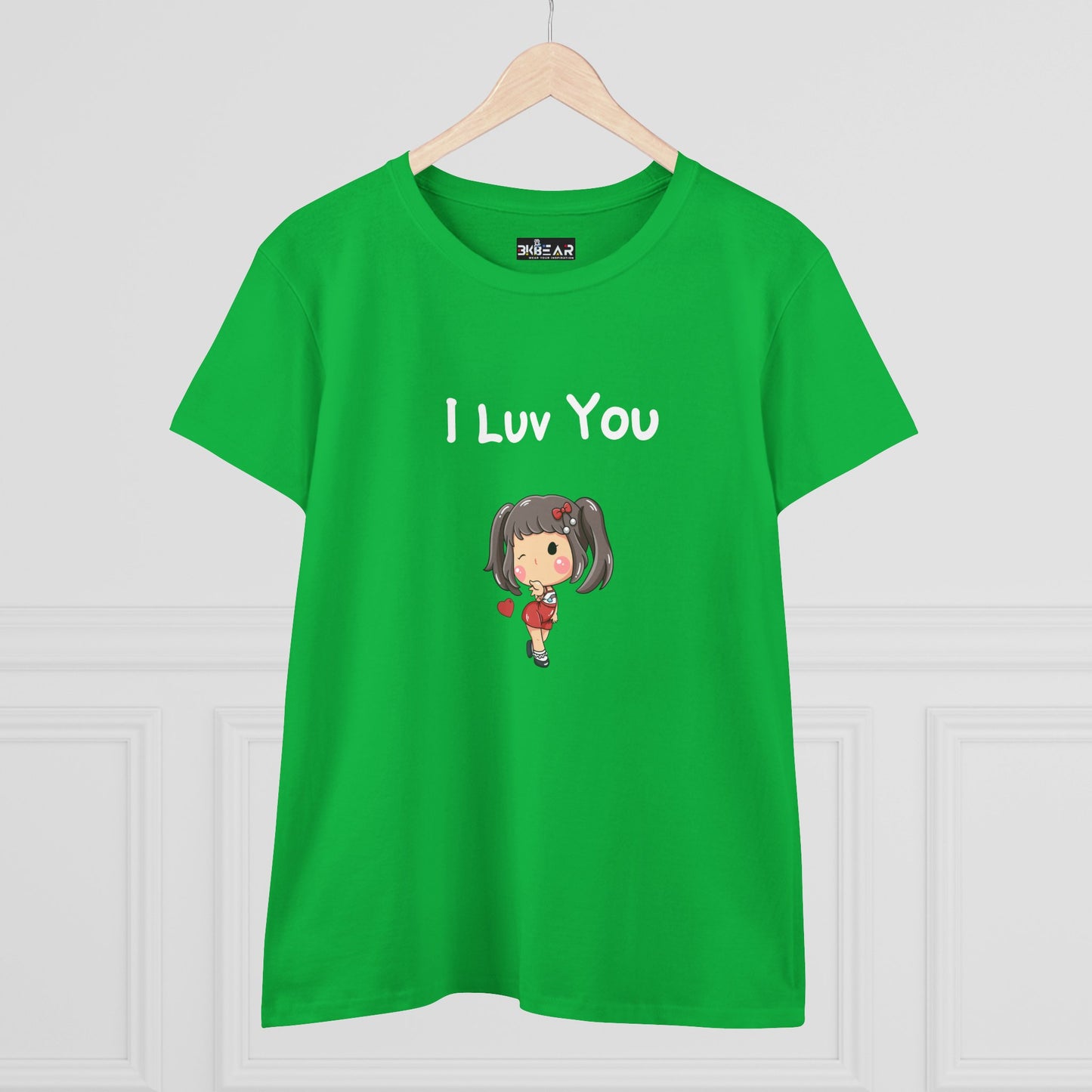 Green Printify I luv you t-shirt with cute cartoon girl holding a heart design