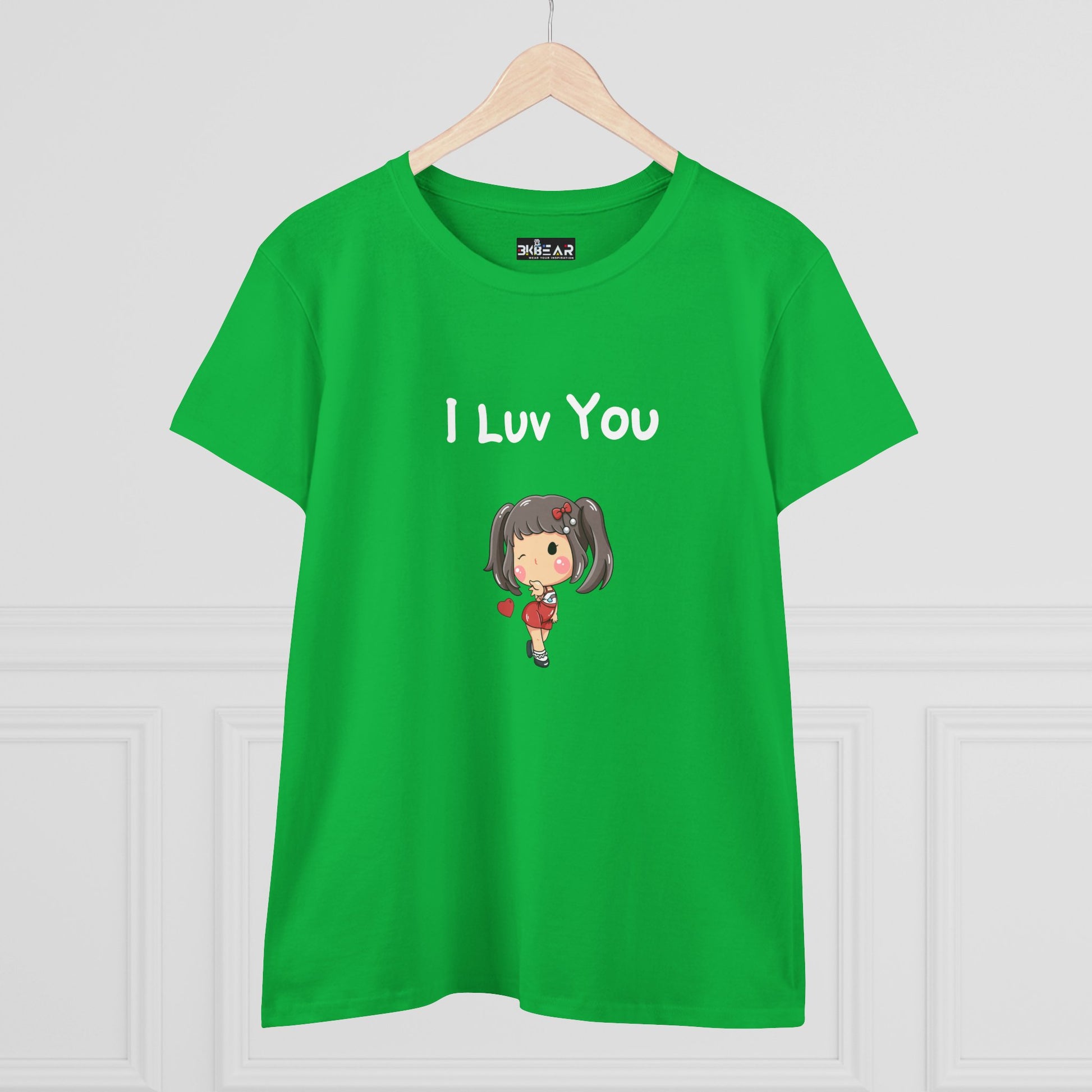 Green Printify I luv you t-shirt with cute cartoon girl holding a heart design