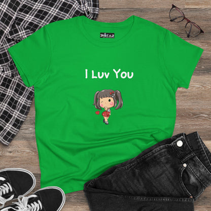 Green I luv you t-shirt with cute cartoon girl design laid out with black jeans and sneakers