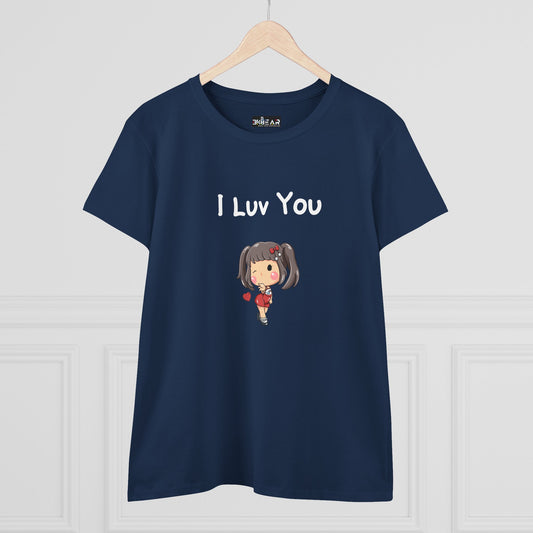 Navy blue I luv you t-shirt with cute cartoon girl holding hearts printed on front