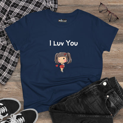 Navy blue I luv you t-shirt with cute girl graphic by Printify laid with black jeans shoes and glasses