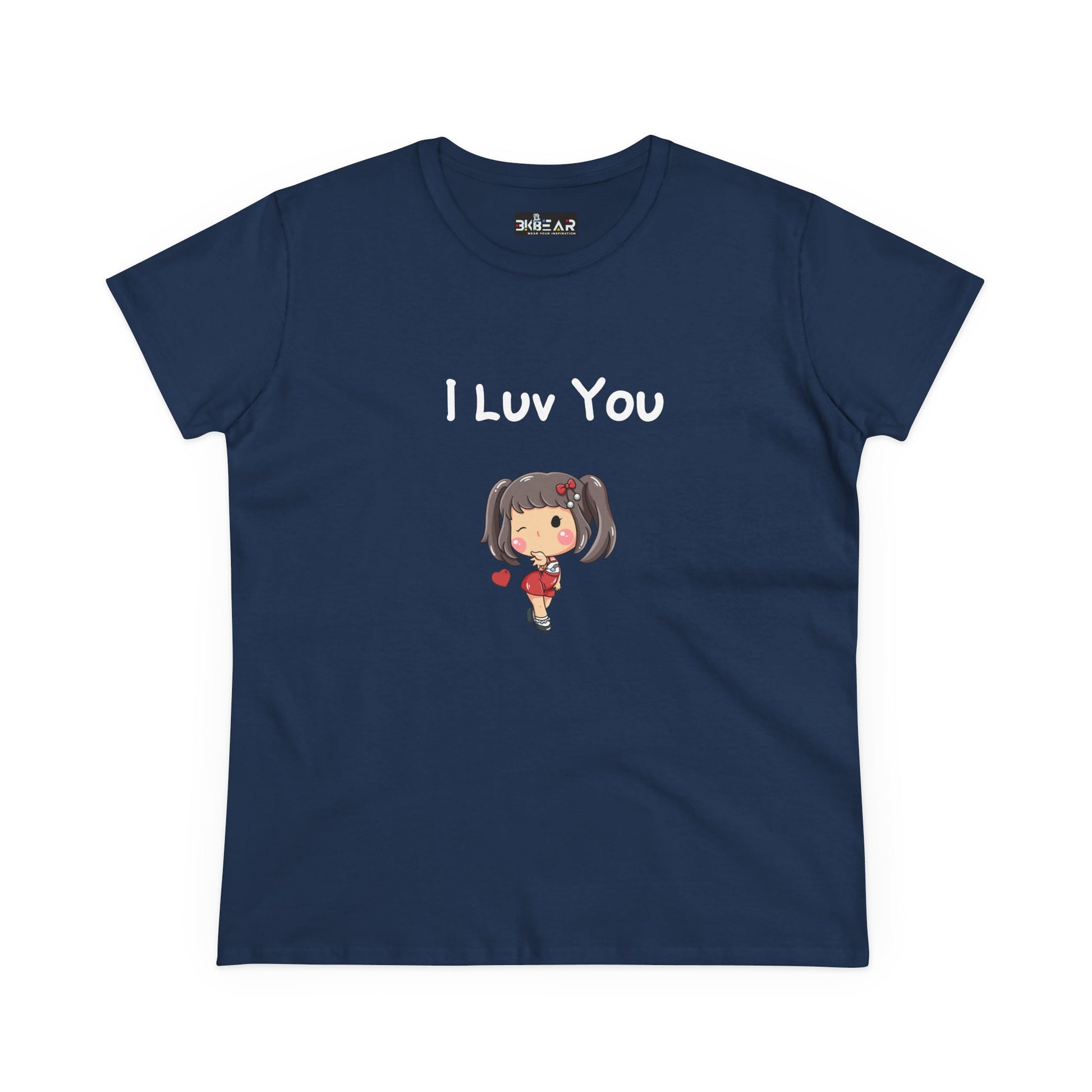Navy Printify I luv you t-shirt with cute girl graphic and heart design
