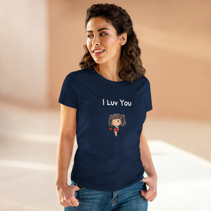 Printify I luv you t-shirt in navy blue with cute cartoon girl holding a red rose design