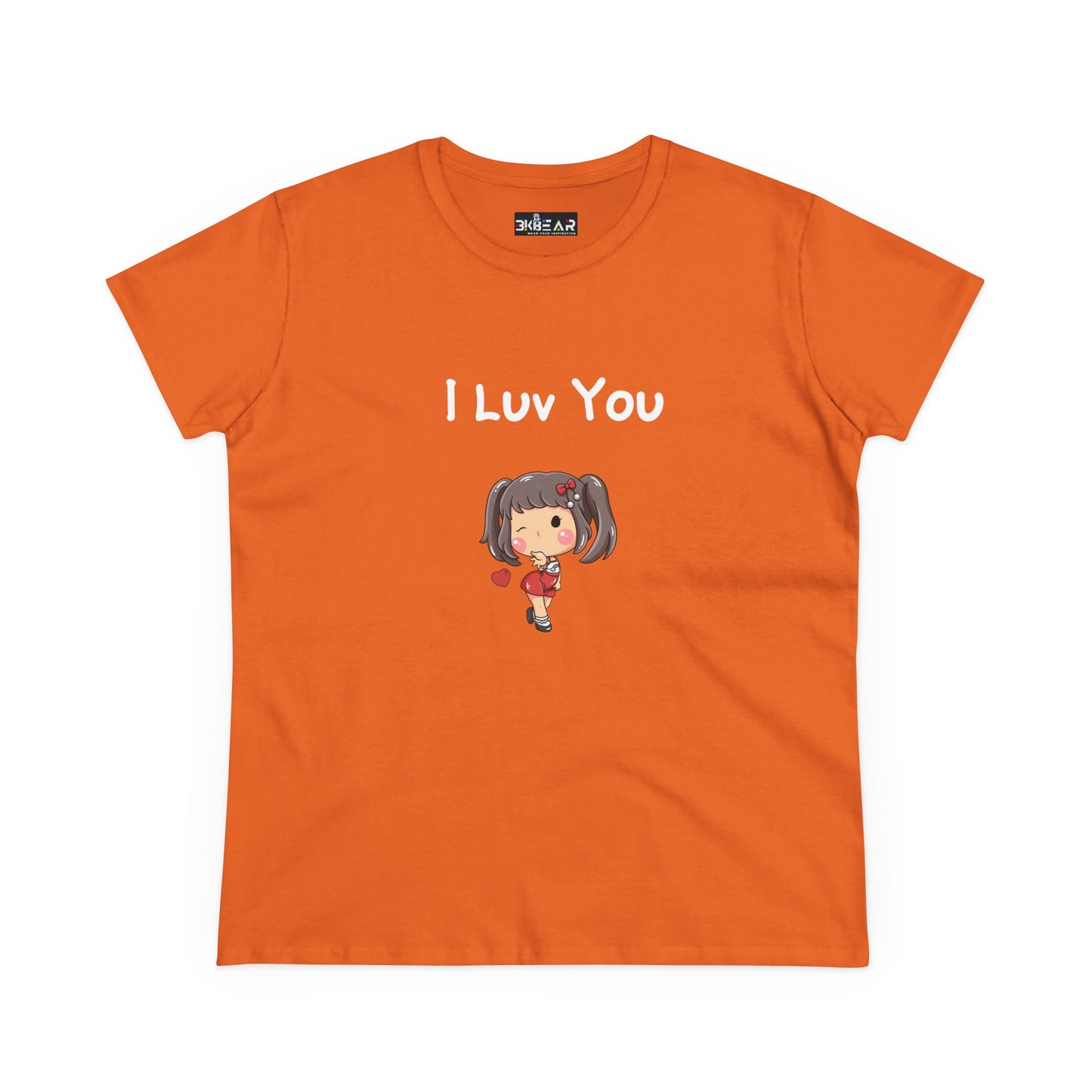 Orange Printify I luv you t-shirt with cute cartoon girl holding heart graphic