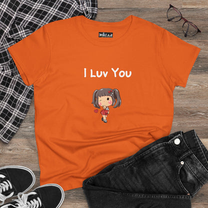 Orange I luv you t-shirt with cute cartoon girl design, styled with black jeans and sneakers