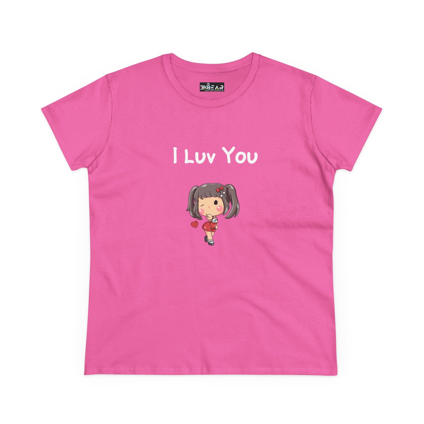 Pink I luv you t-shirt with cute cartoon girl holding a heart print by Printify