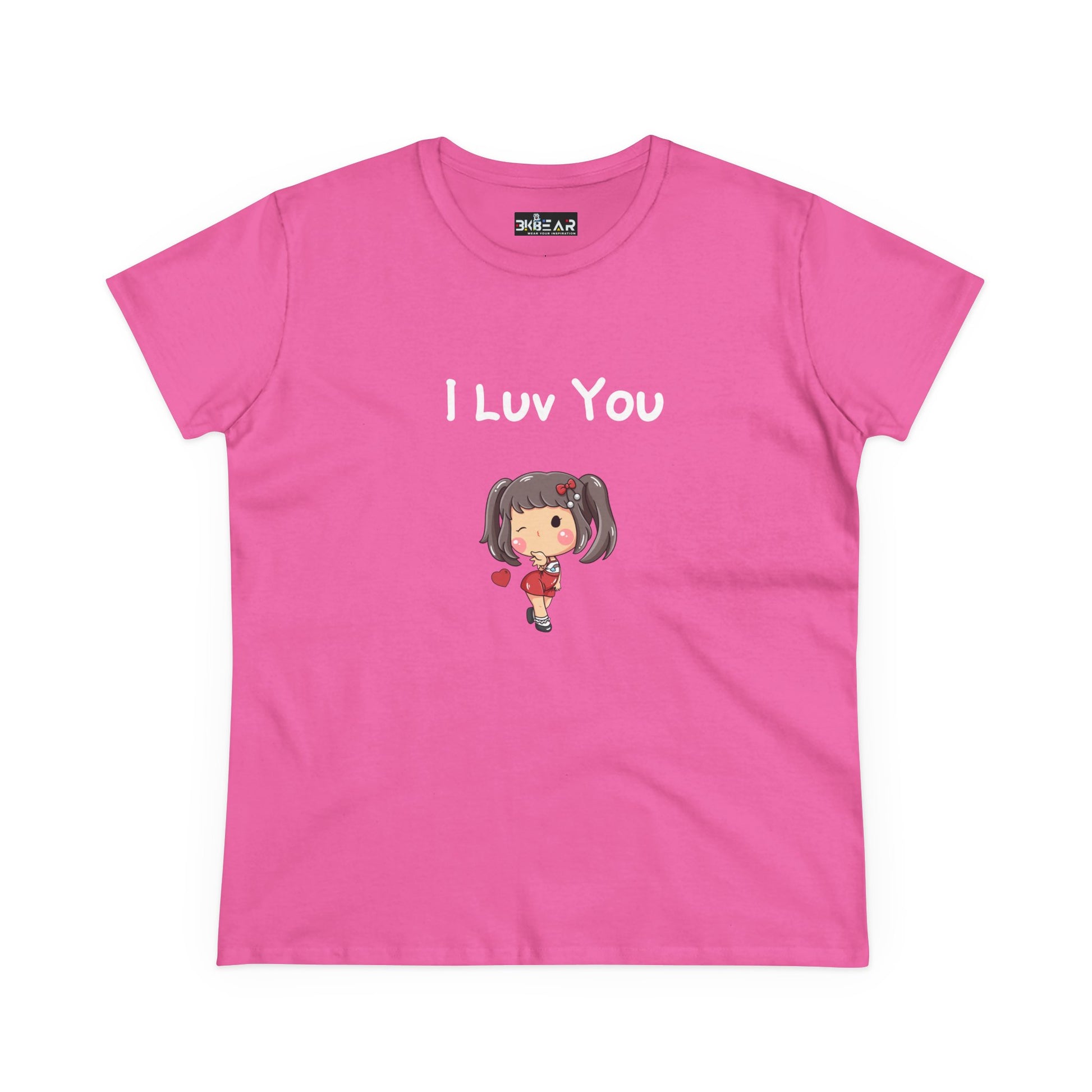 Pink I luv you t-shirt with cute cartoon girl holding a heart print by Printify