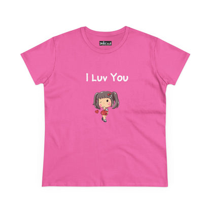 Pink I luv you t-shirt with cute cartoon girl holding a heart print by Printify