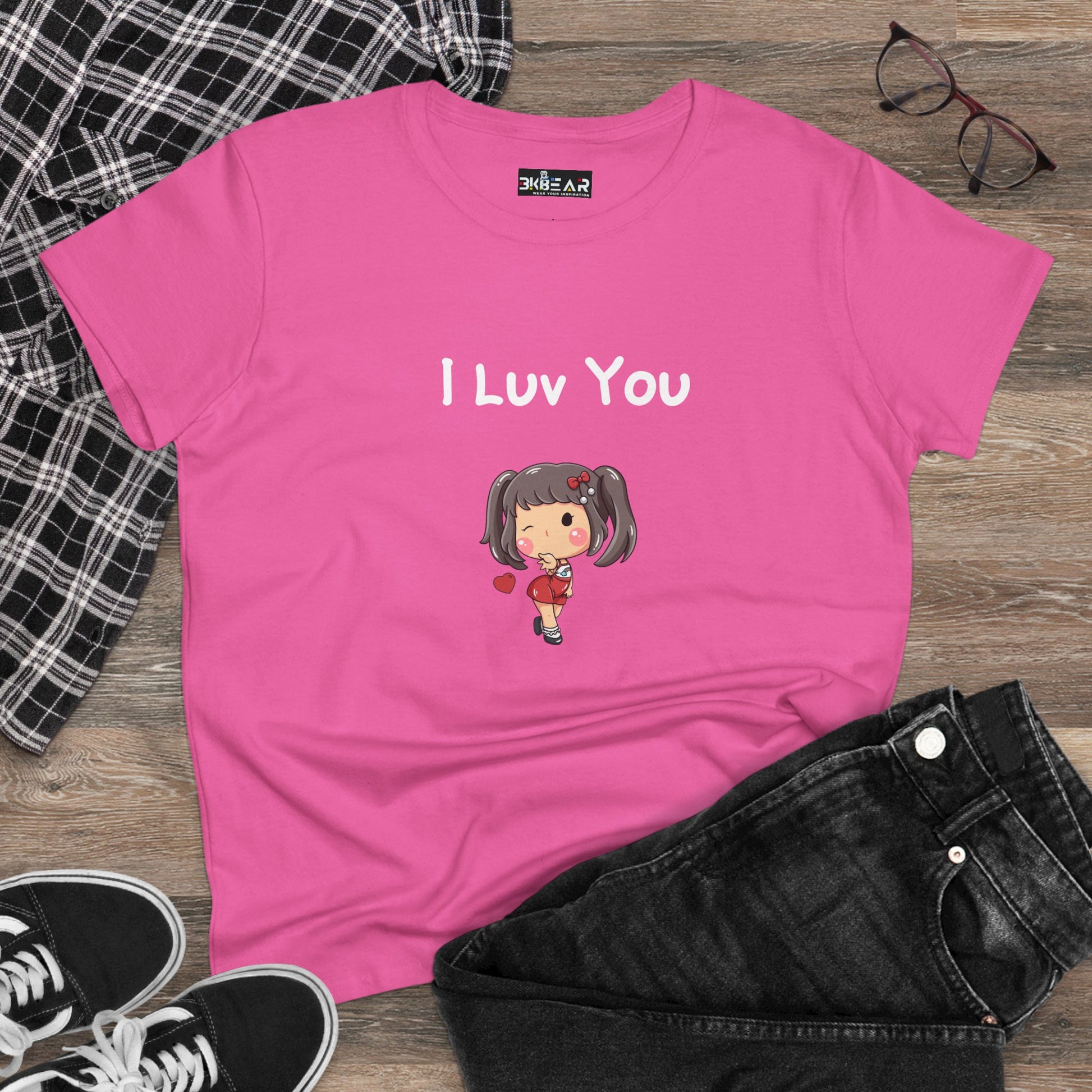Pink I luv you t-shirt by Printify featuring a cute girl graphic with hearts