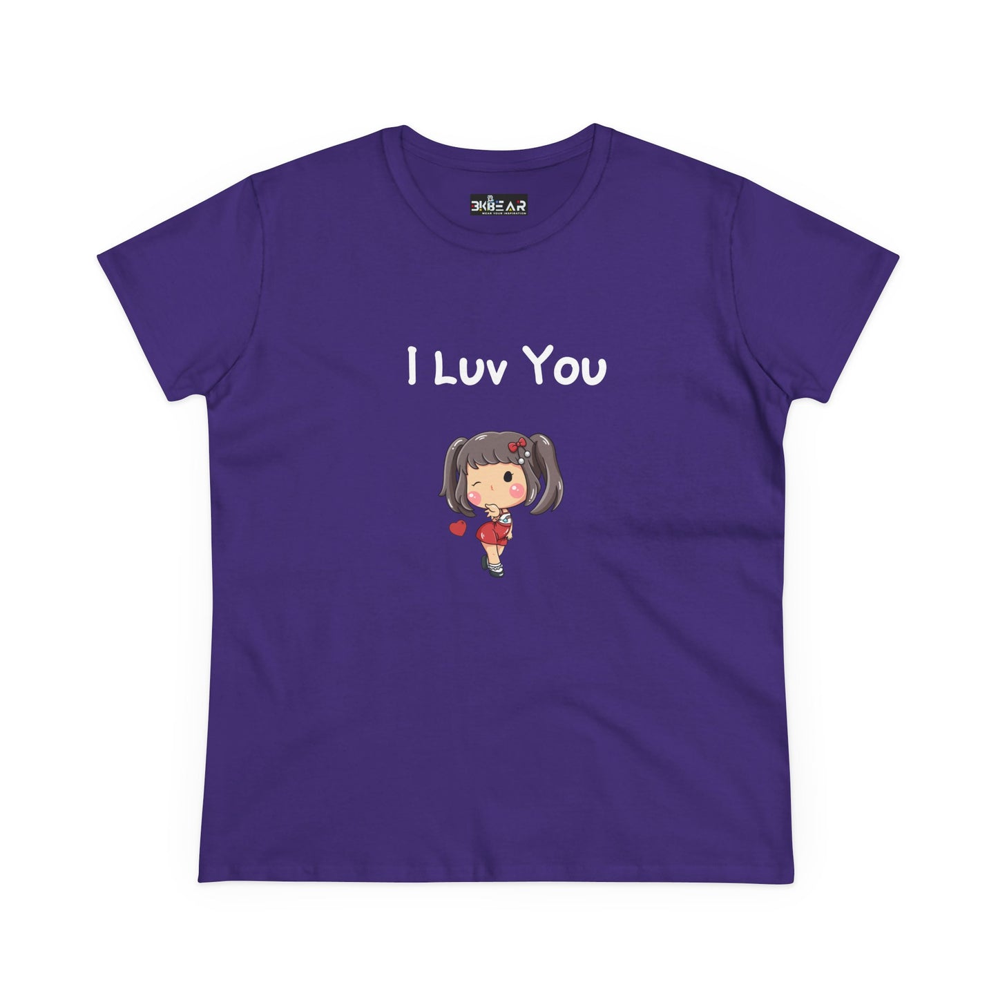 Purple Printify I luv you t-shirt with cute cartoon girl holding a heart design