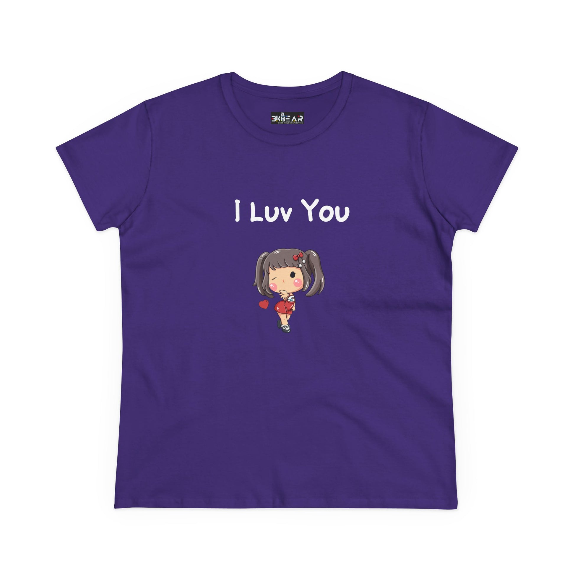 Purple Printify I luv you t-shirt with cute cartoon girl holding a heart design