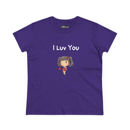 Purple Printify I luv you t-shirt with cute cartoon girl holding a heart design