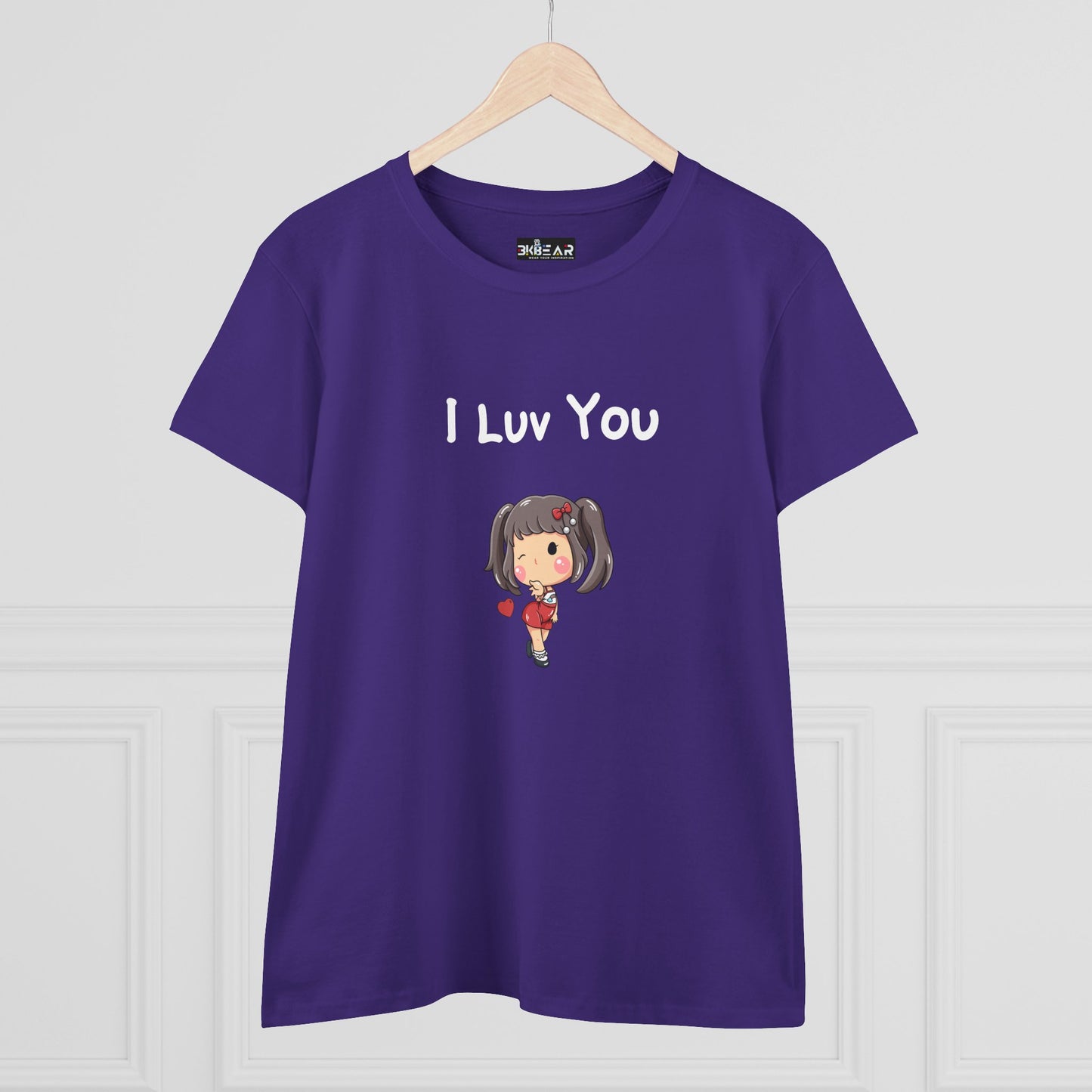 Purple Printify I luv you t-shirt with cute cartoon girl blowing a kiss design
