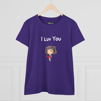 Purple Printify I luv you t-shirt with cute cartoon girl blowing a kiss design