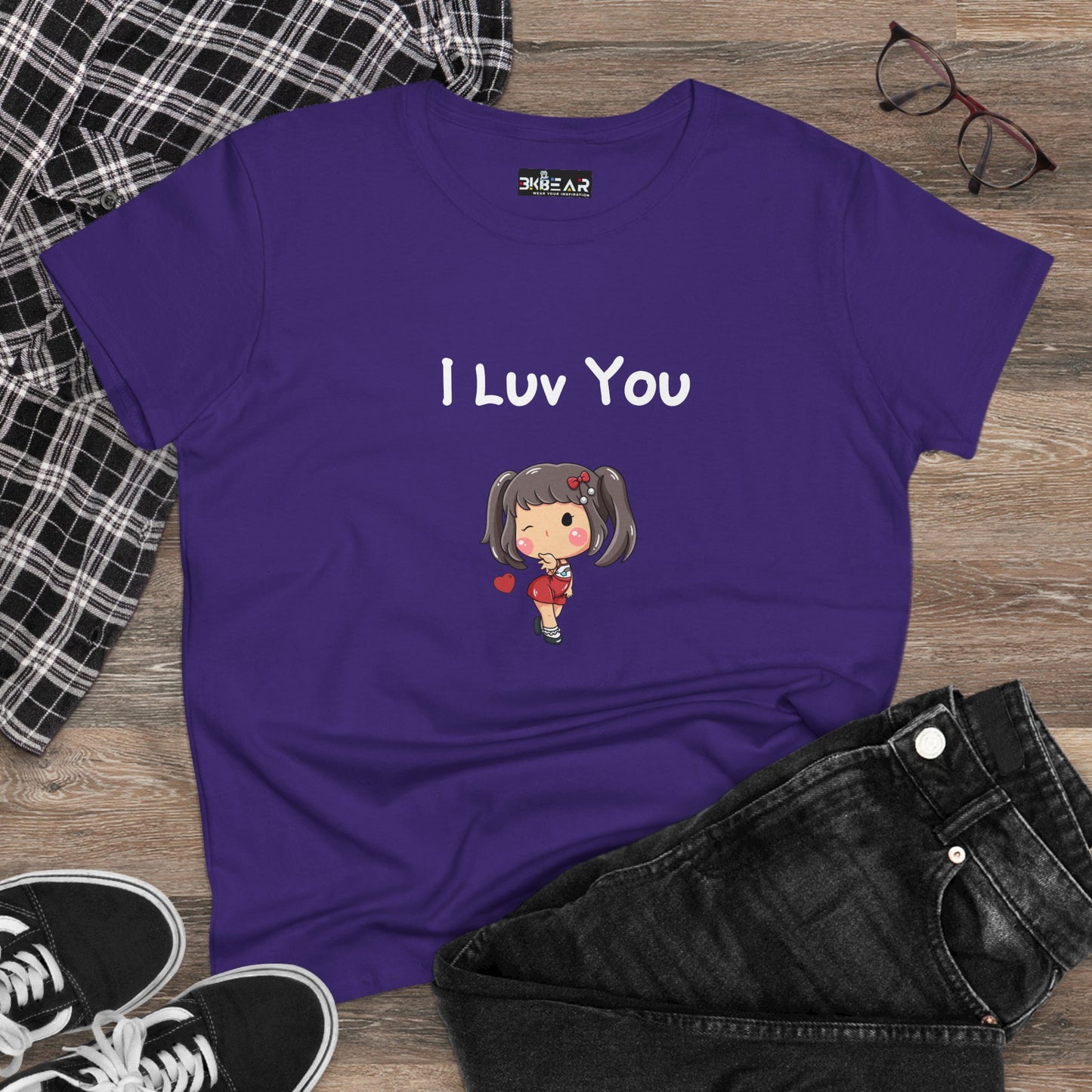 Purple I luv you t-shirt from Printify with cute cartoon girl graphic laid out with jeans and sneakers